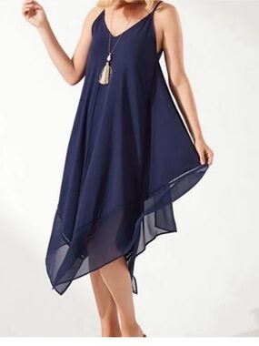 Tommy Bahama Size L Navy Handkerchief-Hem Spaghetti Strap Dress